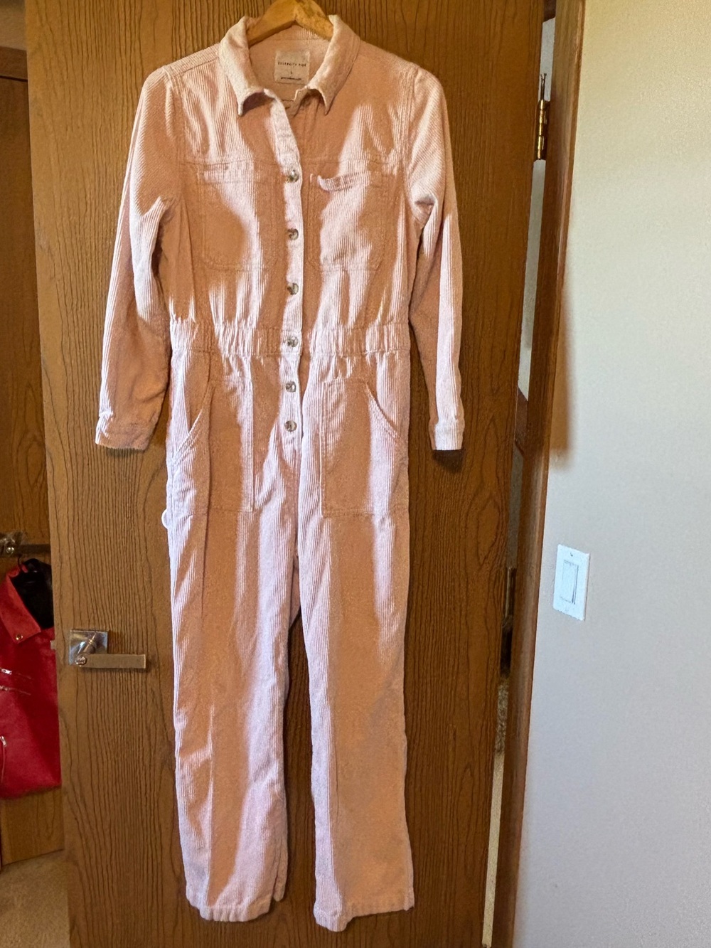Celebrity Pink Blush Button-Front Long-Sleeve Corduroy Jumpsuit